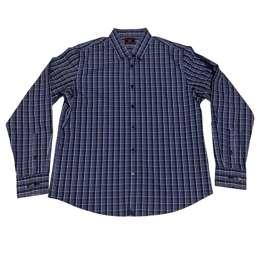 UNTUCKit Mens Large Navy Blue Plaid Wrinkle Free 100% Cotton Button Down Shirt - Picture 2 of 7
